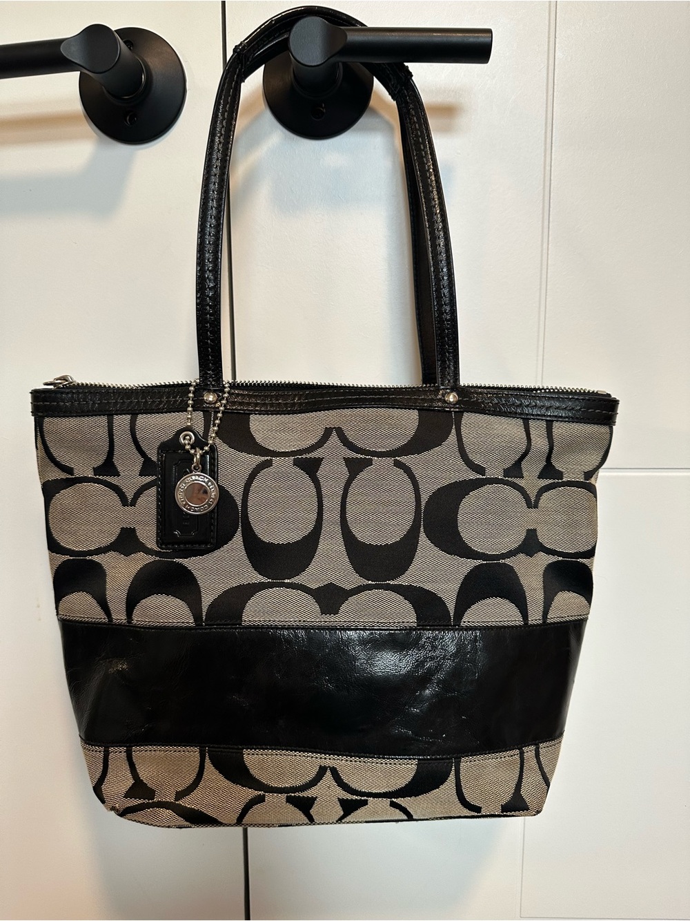 🖤 Coach Signature Stripe Leather Canvas Shoulder Tote Bag 🖤
